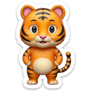 Cute tiger emoji, full body, standing pose, smiling face, big round eyes, orange fur with black stripes, chubby and adorable, short legs, small ears, 3D emoji style, smooth shading, bright colors, simple clean design, transparent background sticker