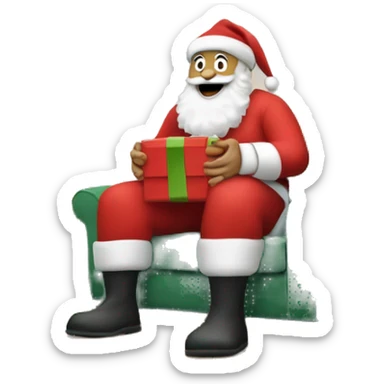 santa clause in a living room delivering presents under a christmas tree sticker
