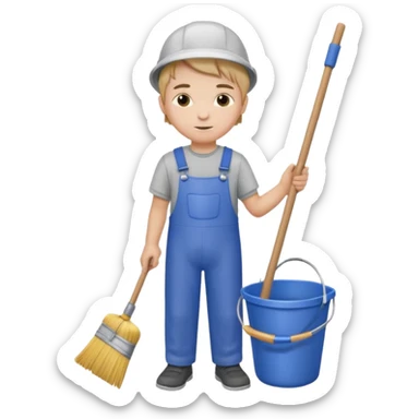 Boy in cleaning clothes, holding a broom and a bucket sticker