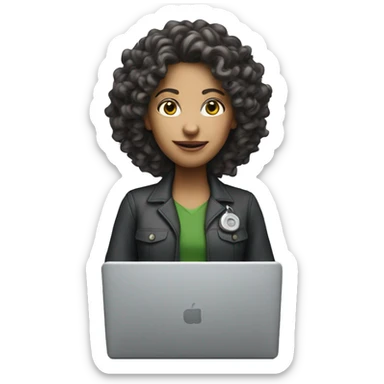 A white-faced woman engineer with curly hair with a laptop in front of her sticker