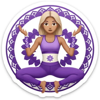 A woman in purple activewear holding warrior two pose, centered with a white mandala pattern behind her. sticker