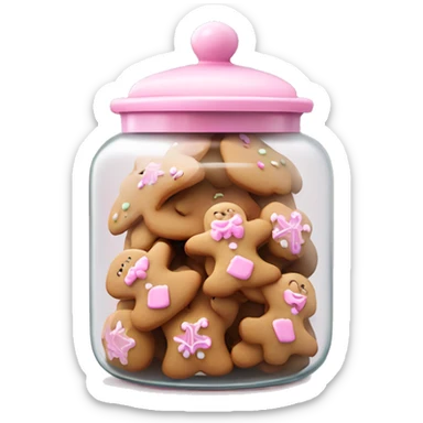 Realistic glass cookie jar with light pink lid full of gingerbread cookies isolated.  sticker
