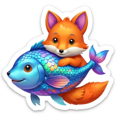 Make the rainbow fish glow a little larger, hugging or cuddling the fox sticker