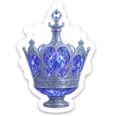 ultra luxurious crystal elixir bottle in crown shape, color #7986cb, extremely intricate multi-layered holographic and silver filigree, radiant crystal facets, magical glowing and sparkling effects, luminous light beams, very small neck, seamless ornate bottom, transparent background, bottle clearly floating in air, no base or shadow, not standing, modern, collection style, breathtakingly beautiful and refined sticker