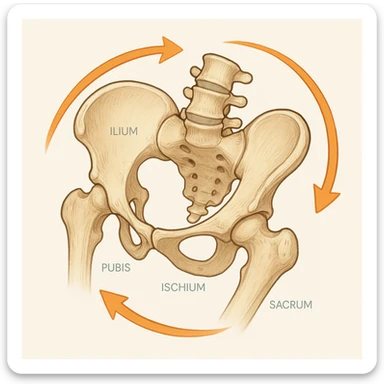 anatomical pelvis, rotated clockwise, with arrows circling to the right to indicate the direction, clear educational illustration, medical style, clean and easy to understand sticker