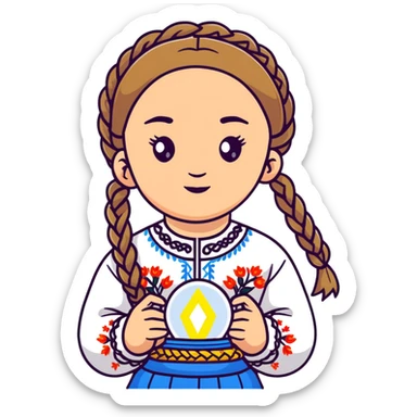 Young Ukrainian girl with braided hair in white traditional embroidered Ukrainian vyshyvanka shirt holding a small glowing light representing the soul sticker