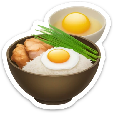 a bowl of rice with two eggs and two chicken sticker