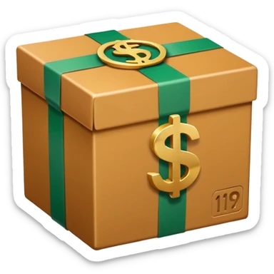 Closed box with smooth, rounded edges

Light honey‑brown tape strip with a glossy highlight

Flat green bill with a bold white dollar sign, anchored at the bottom left of the box

Slight soft shadow under the bill for depth

Plain white background for that crisp, emoji‑ready finish sticker