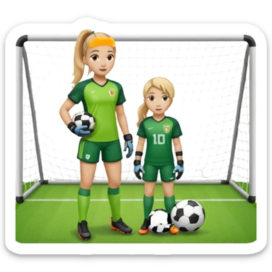 Make a dirty blonde football goalkeeper with goalkeeper gloves on holding a football. The girl is light skinned and wearing a football kit and football shoes. Standing in front of football goal. Wearing a ponytail with the dirty blonde hair sticker