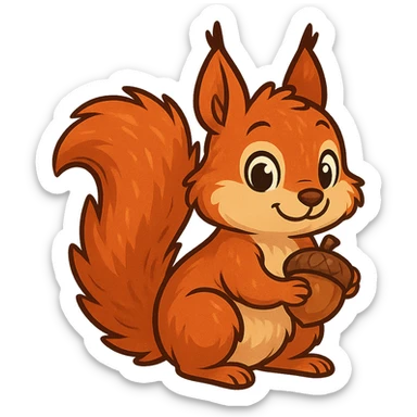 cartoon style red squirrel with fluffy fur holding a nut in paws, no background sticker