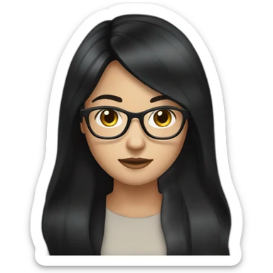 generate emoji unrussian girl with long black hair, glasses, dark-black hair, brown eyes sticker