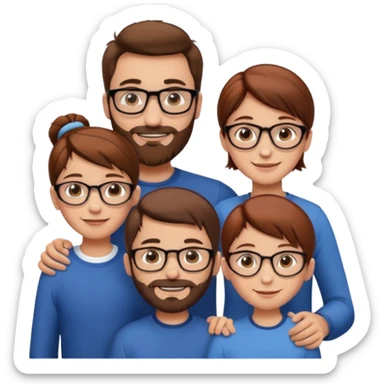 white European family smiling, tall man with brown hair and beard, shorter woman with brown hair in bun and glasses, 10-year-old boy with short brown hair, 8-year-old girl with long brown hair, 6-year-old boy with short red hair, emoji style sticker