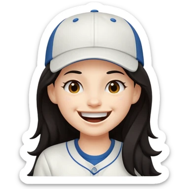 Digital illustration of a cartoon character with a big smile on its face and whinking. The character has long dark hair and is wearing a white baseball cap and casual clothes. The overall style of the illustration is cute and playful. sticker
