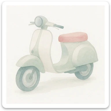 Vespa scooter in watercolor style with white, green, and pink pastel tones. sticker