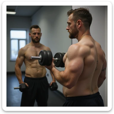 man training with weights in front of a mirror but the reflection shows the same physical shape as before, symbolizing difficulty losing weight, 4K details sticker