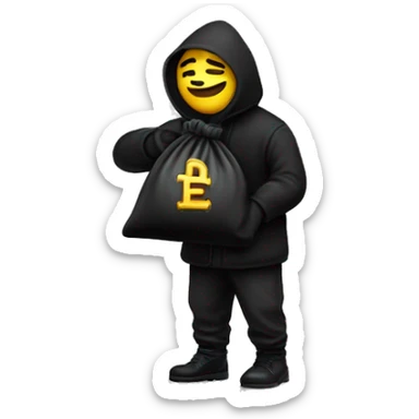 Thief wearing all black clothes actively stealing a money bag with the words Top Tier embroidered on it sticker