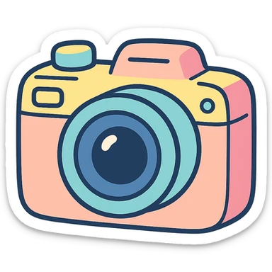 a modern digital camera in pastel toon style, gentle pastel palette, rounded edges sticker