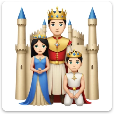 Man as king, standing, black Hair, blue eyes, woman, blonde, green eyes, shott white sleveless Dress, kneeling, background palace sticker