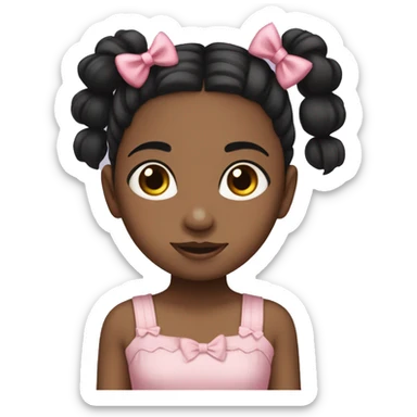 little girl with black pigtails, brown eyes, pink cami dress, and bows in her hair sticker