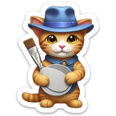 Kawaii cat artist in hat holding palette and brush so it can be used as a mouse cursor sticker
