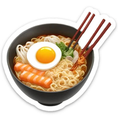 Bowl of warm ramen with two chop sticks, boiled egg, and kimchi sticker