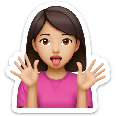 A Asian girl with her tongue out and hands by her side pushing away sticker