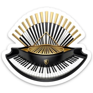 Create an elegant and festive emoji collage representing keyboard instruments, styled like a heraldic emblem. The design should feature a central focal point of black and white piano keys, arranged in a semi-circular or shield-like shape. Around the piano keys, add intertwining musical notes that form flowing ribbons, creating a dynamic and celebratory atmosphere. The design should be professional, with polished silver and gold accents on the keys and notes, highlighting the luxury and sophistication of the instruments. Add subtle shading and lighting effects to give the design a refined, 3D appearance. The background should remain transparent, and the overall feel should evoke grandeur, artistry, and a sense of celebration. sticker