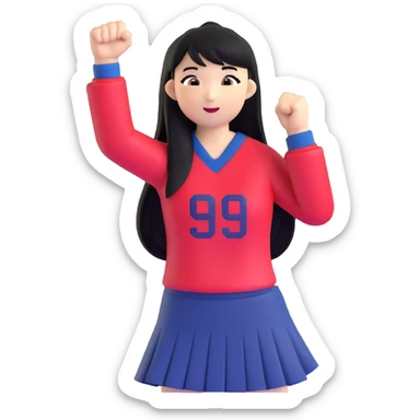 East Asian woman with long black straight hair and bangs wearing Doosan Bears team colors navy blue and red, cheering sticker