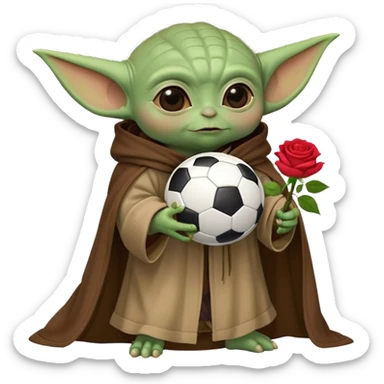 baby yoda kicking a soccer ball with small roses beside him sticker