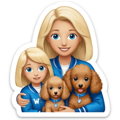 smiling mother in letterman jacket with W Blue eyes, Name is Tini, two Little girls Long blond straight hair and Blue eyes, poodle puppie brown sticker