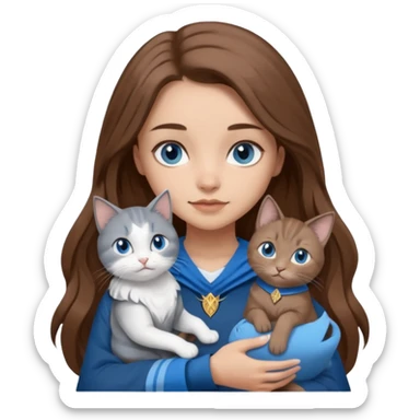 gorgeous Girl with light skin, blue eyes, long brown hair, wears a ravenclaw outfit, with a grey and white cat holding in her arms sticker