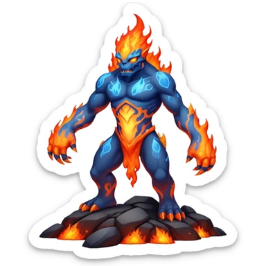 a mystical fast lava creature without arms with molten lava on its head and some rocky shoulders, full body, fire crystals, blue flames sticker