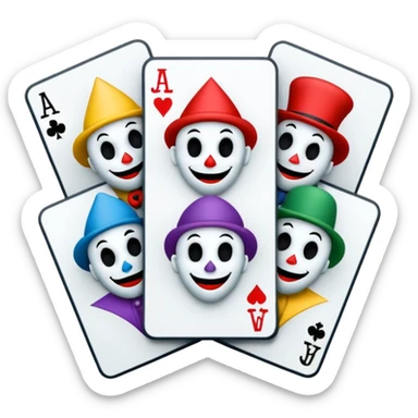 bunch of 3 poker cards, with crazy colorful human jolly jokers inside, inversed face, cuphead style sticker