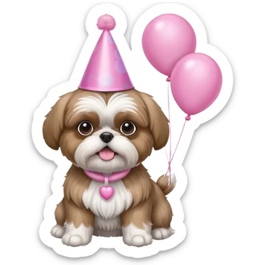 cute shih tzu hold a few pink balloons  with pink birthday hat sticker