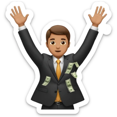 (man standing there with his hands up as money falls on him) sticker