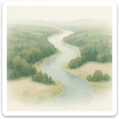 aerial view of a nature landscape with a river, surrounded by forests and fields, watercolor art style sticker