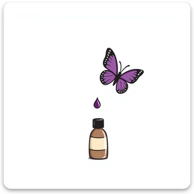 Small brown bottle floating with dim light, with a purple drop suspended in the air, slowly spinning in front of a luminous butterfly representing the thyroid gland sticker