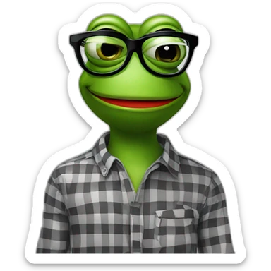 smiley face pepe the frog in black and red checkered shirt with square glasses for vision in cartoon style sticker