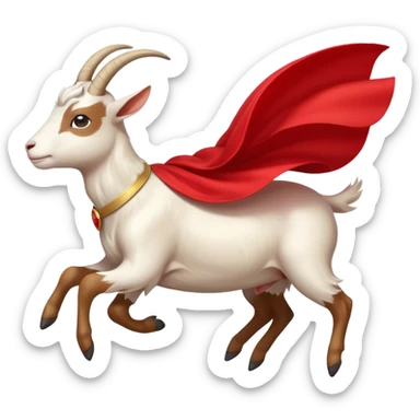 side view of white female goat wearing a read cape like superman sticker