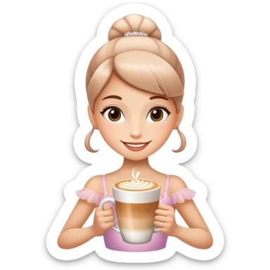 A girly ballerina character with a cappuccino cup head and a sparkling smile sticker
