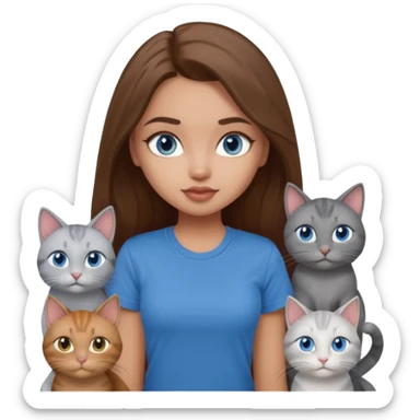 a pretty bratz dusky light skin girl with long brown hair, blue eyes with six cats nd wearing a grey tshirt sticker
