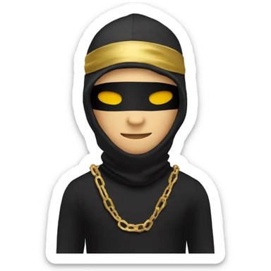 Sticker, a man wearing a black T-shirt and a black balaclava mask and a gold chain on his chest surrounded by a white outline, on a transparent background." sticker