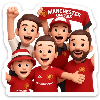 Create a group of Manchester United fans cheering, wearing red shirts and in celebratory poses, in a 3D emoji style. The background should be transparent. Focus on capturing the 3D emoji look with vibrant expressions and poses. sticker