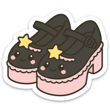 Refine the kawaii BLACKPINK-inspired gothic shoes by replacing bows with cute star charms and adding a subtle lace trim. Keep the black and pink color contrast, playful and stylish, no hearts, transparent background. sticker