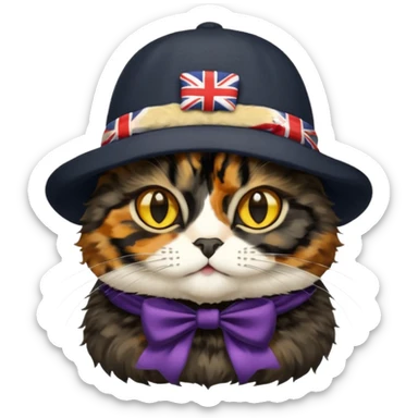 mostly black tortoiseshell cat, gold eyes, british hat sticker
