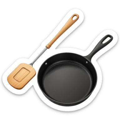 a black pan and spatula inside sticker