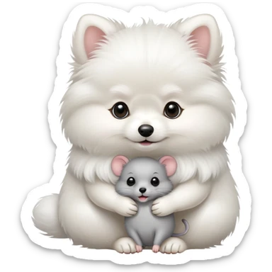 white pomeranian and gray mouse hug sticker