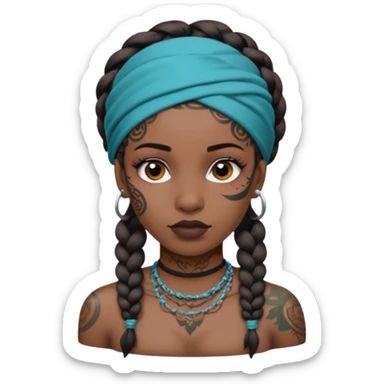 big lose braids starting from the top of the head woman face wiith big visible braids and mono color headband on head  face and braids as big as headband and lots and lots of face tattoos colored tattoos like a tattoo artist sticker