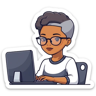 Light skinned Black girl with glasses natural gray haircut shaved sides working on computer sticker