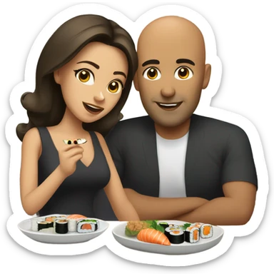 Bald Hispanic man and brunette woman eating sushi sticker
